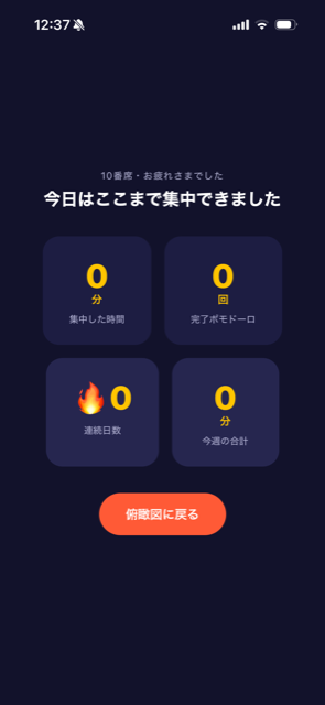 自習室ヒトリキカクの退室サマリー画面。集中した時間や完了ポモドーロ数、連続日数が表示されている。